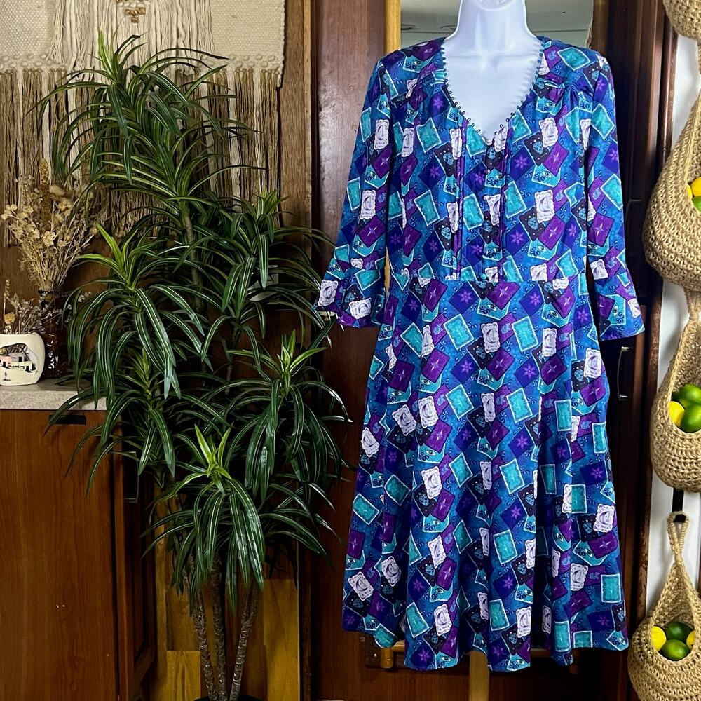 Lindy Bop Tarot Card Dress US 10 UK 14 Blue Purple Fit Flare Pockets Whimsigoth